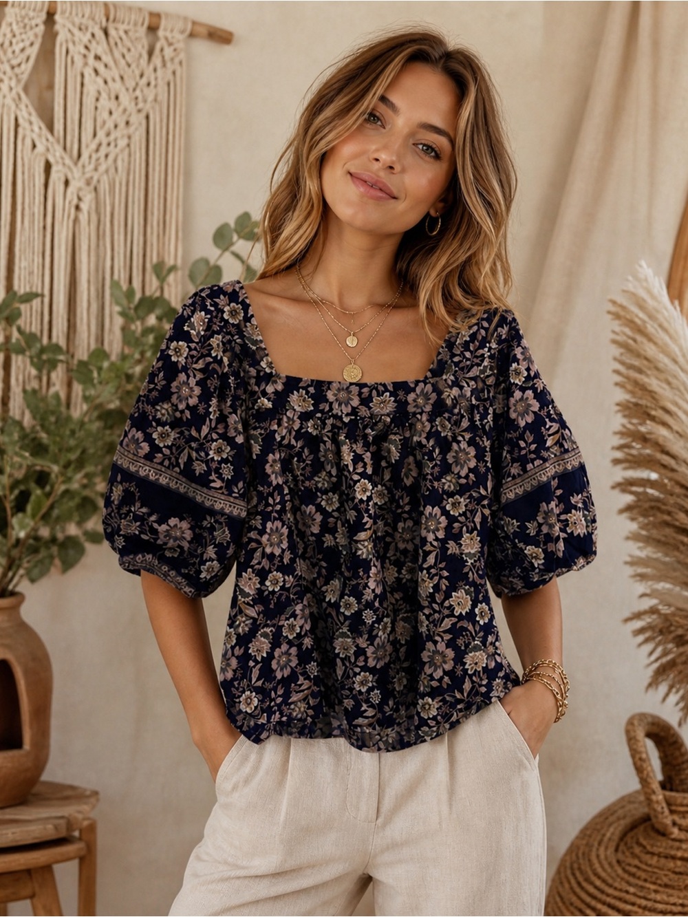 Roan + Ryan Navy Floral Square Neck Blouse